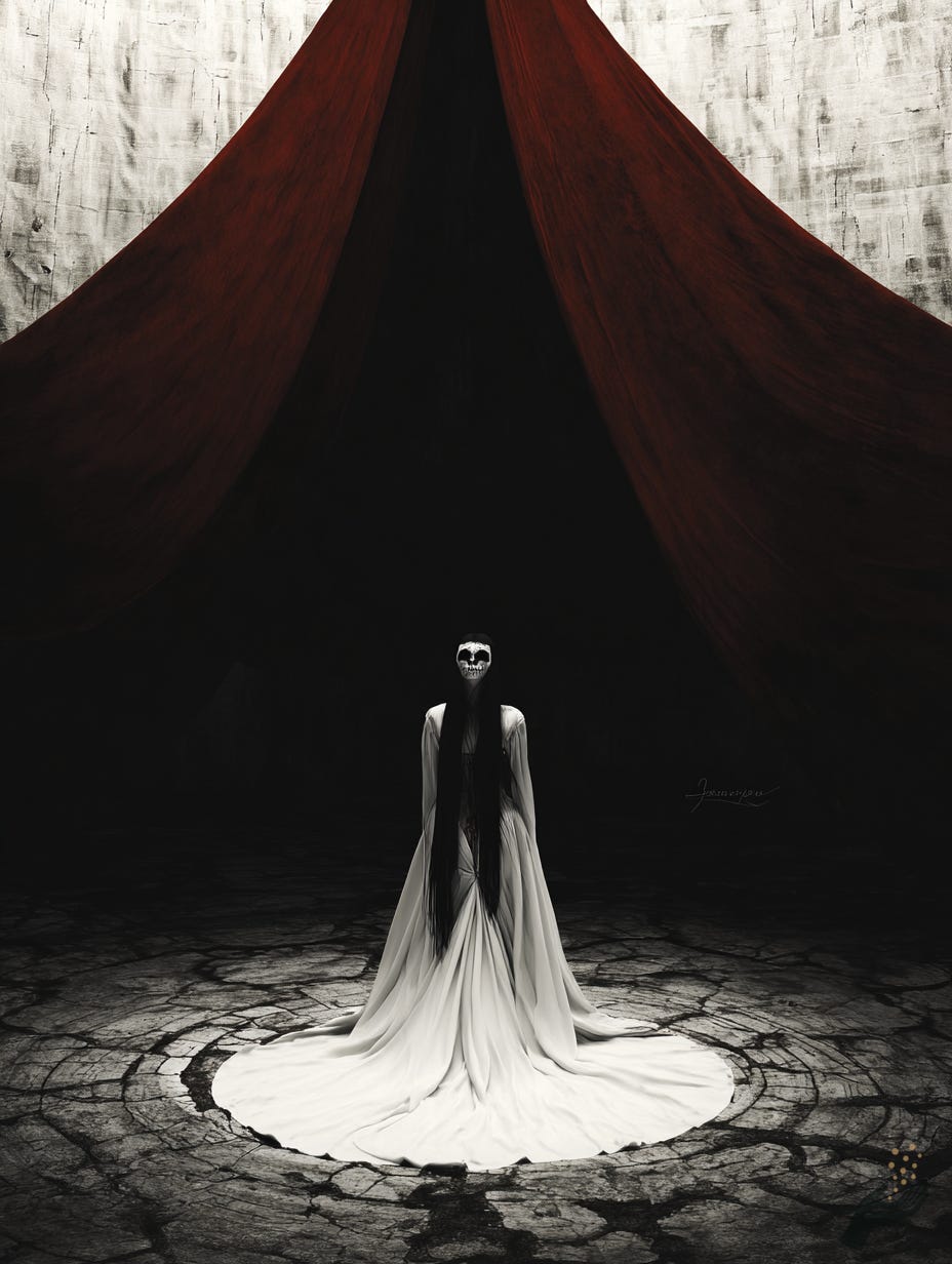 Surreal artwork of a tiny figure in white standing beneath enormous red tent drapes over a cracked circular floor.