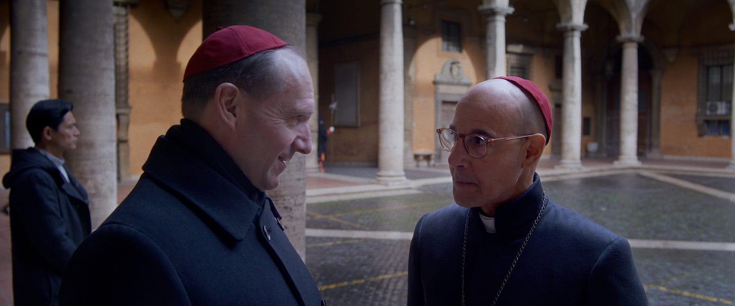 Ralph Fiennes and Stanley Tucci in Conclave on Peacock Ralph Fiennes and Stanley Tucci in Conclave on Peacock