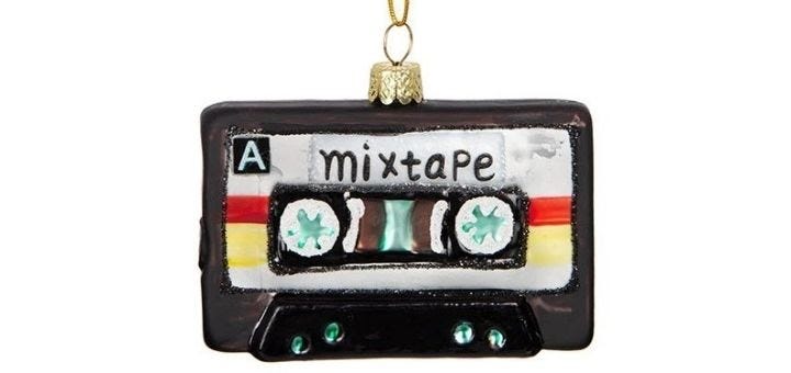 Tree ornament that looks like a vintage mixtape