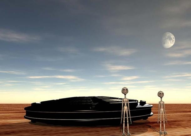 Representation of a UFO and aliens in a desert. Representation of a UFO and aliens in a desert.