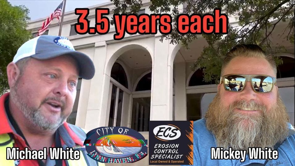 May be an image of 2 people, beard and text that says '3.5 years each SITYOF SITY OF Michael White HINW HAVEN ECS EROSION CONTROL SPECIALIST Owned&Ope Mickey White'