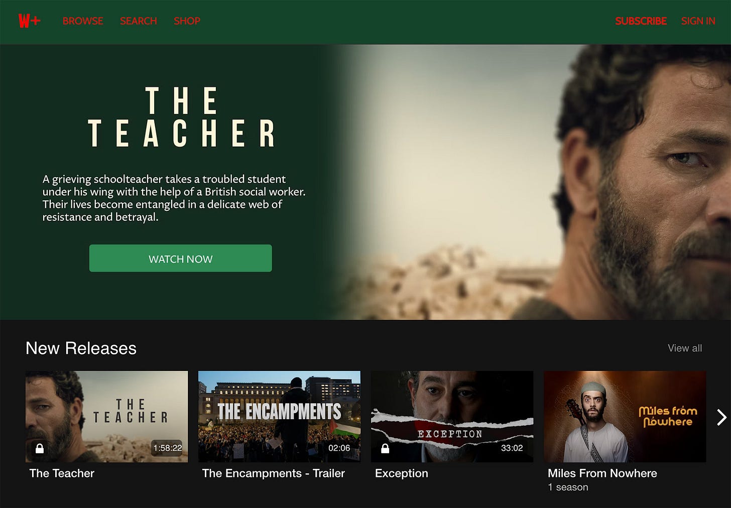 Screenshot of Watermelon+'s Browse page with THE TEACHER in showcase at top and four titles in a scroll bar below it.