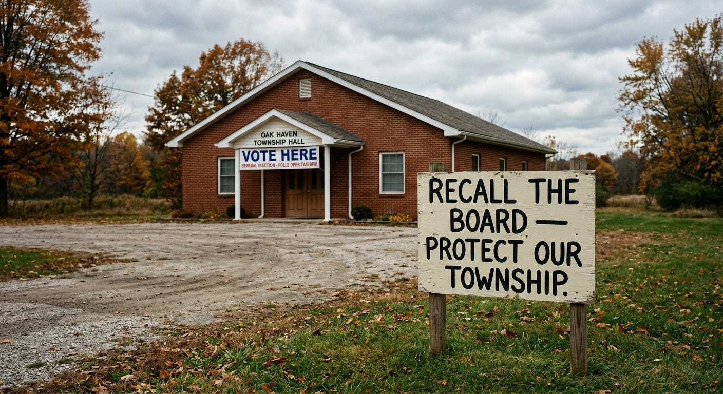A sign demanding a recall of local township officials stands outside a small rural township hall and polling place under an overcast sky. A sign demanding a recall of local township officials stands outside a small rural township hall and polling place under an overcast sky.