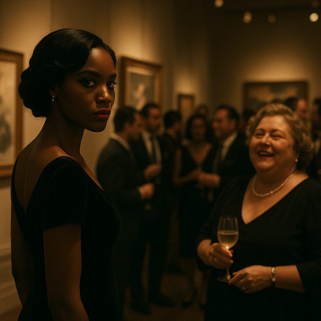 Woman looking through the fourth wall at "us", while another woman looks at her. They are standing in what looks like an art gallery at a fancy dress event. Created by author via ChatGPT.