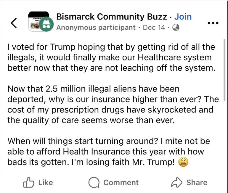 I voted for Trump hoping that by getting rid of all the illegals, it would finally make our Healthcare system better now that they are not leaching off the system. Now that 2.5 million illegal aliens have been deported, why is our insurance higher than ever? The cost of my prescription drugs have skyrocketed and the quality of care seems worse than ever. When will things start turning around? I mite not be able to afford Health Insurance this year with how bads its gotten. I'm losing faith Mr. Trump!