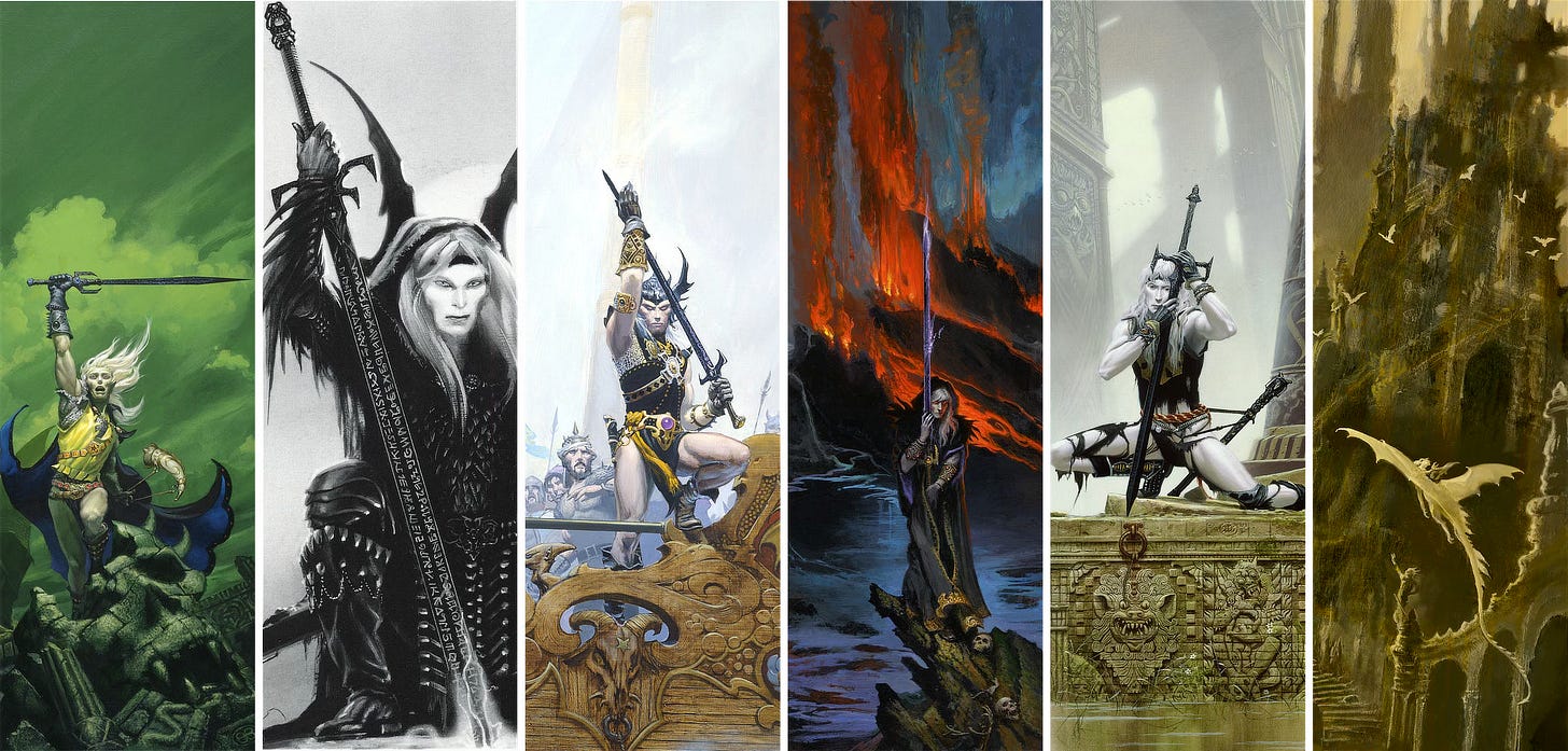 Six tall, thin images of Elric the albino warrior with his black runesword Stormbringer. He's climbs a ruined skull, crouches to plant his blade in the ground, stands at the gunwales of a ship, poses in front of a cascade of lava, and crouches with clothes in tatters. The last image features a dragon flying into a majestic city of gold. Six tall, thin images of Elric the albino warrior with his black runesword Stormbringer. He's climbs a ruined skull, crouches to plant his blade in the ground, stands at the gunwales of a ship, poses in front of a cascade of lava, and crouches with clothes in tatters. The last image features a dragon flying into a majestic city of gold.