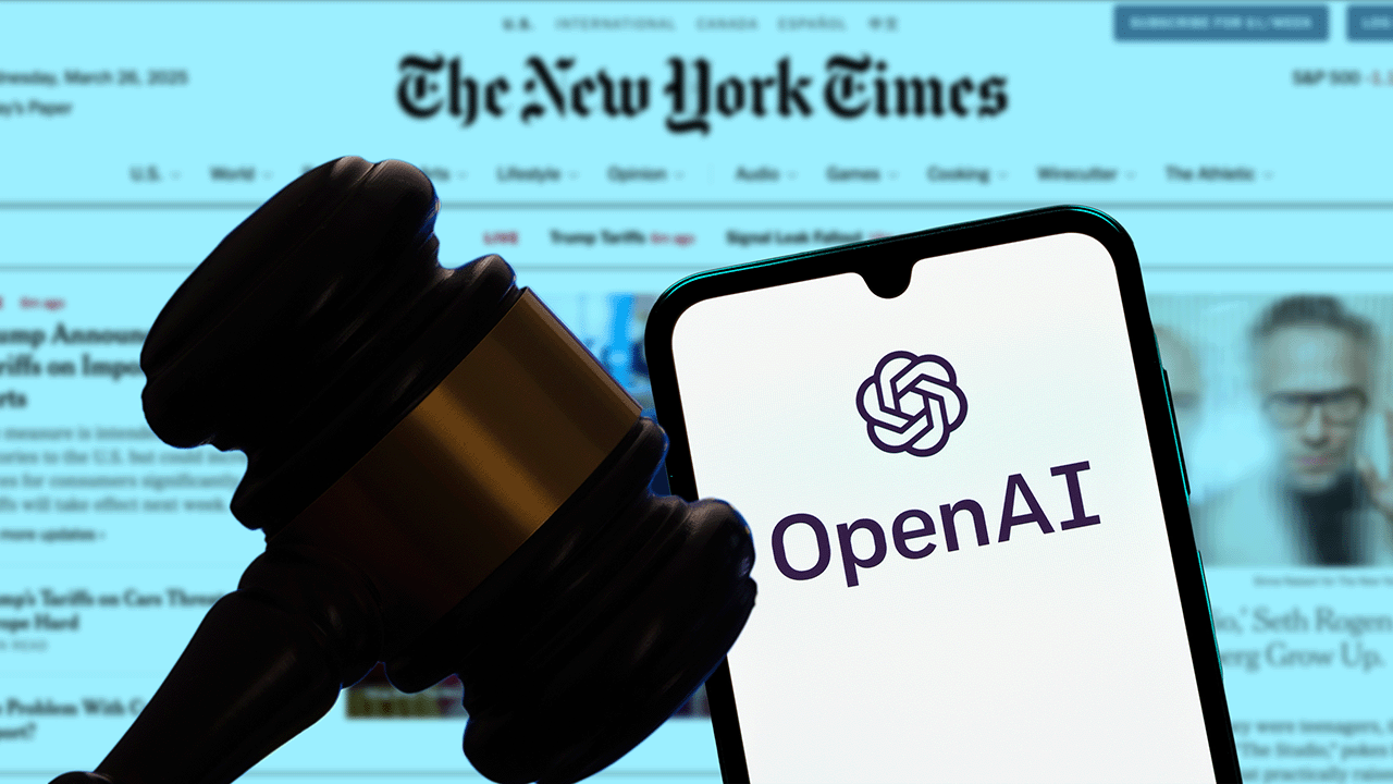 A gavel and a smartphone displaying the OpenAI logo, with a blurred background of a New York Times webpage.