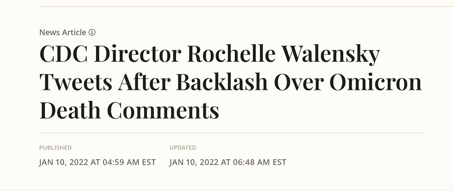 Headline: CDC Director Rochelle Walensky Tweets After Backlash Over Omicron Death Comment, dated Jan 10, 2022