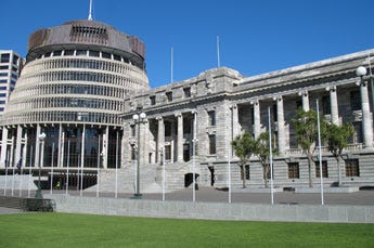 Photo of Parliament Buildings in Wellington, including the Beehive Executive Wing.