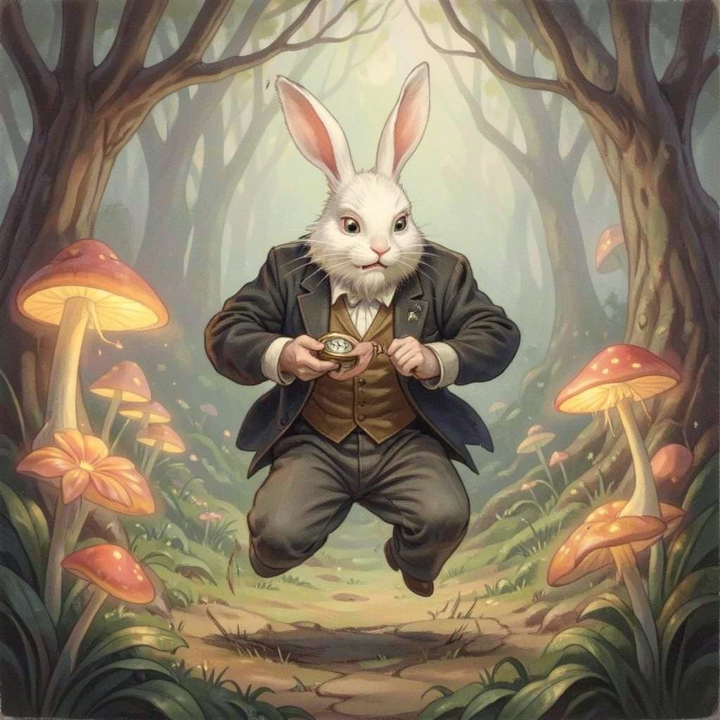 @morrigan as the white rabbit in Alice in Wonderland, running while looking at his pocket watch @morrigan as the white rabbit in Alice in Wonderland, running while looking at his pocket watch
