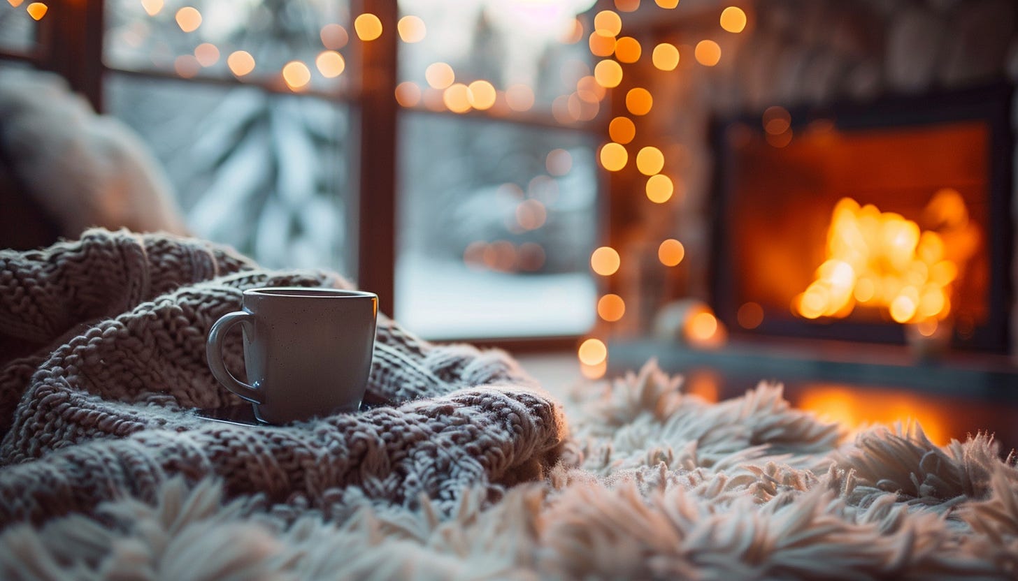 A cozy scene. There’s a mug resting over a sweater and a blanket, and in the background a fireplace glows warmly, next to a window. Outside there’s a pine covered in snow, blurred by the distance. Fairy lights are sparkling next to the fireplace and over the window. 