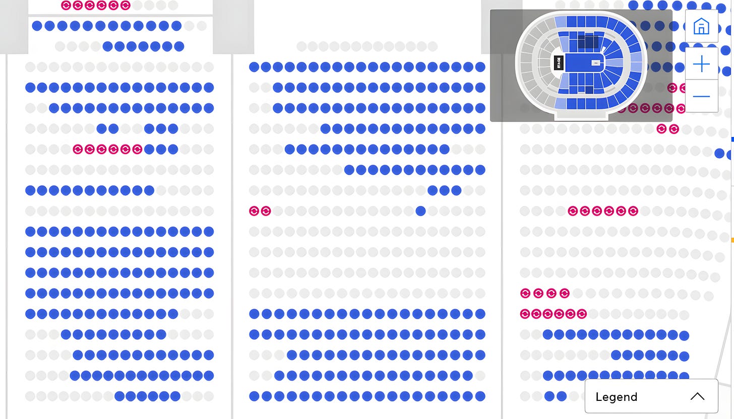 “Blue Dot Fever” refers to the pale blue clusters of unsold seats on Ticketmaster’s venue maps. Story by Vinyl Culture.