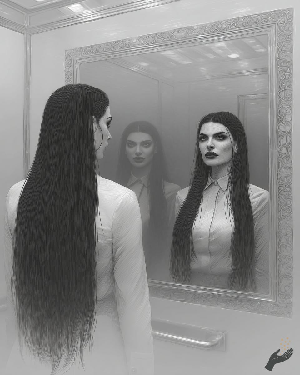 Black and white image of a woman with very long straight dark hair standing in front of a large ornate mirror, facing her reflection in a softly lit interior space, with a calm but intense expression.