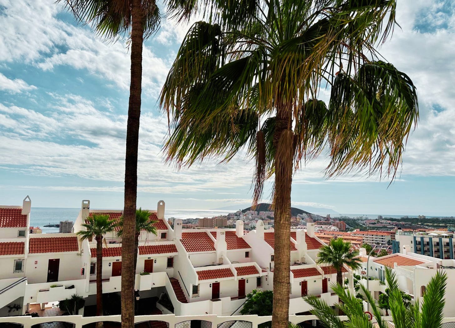 A view from a balcony in Tenerife showing the sea, palm trees, and white houses in the distance.