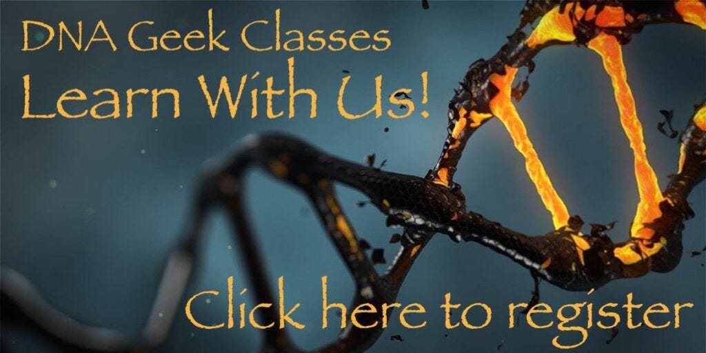 Red-hot DNA molecule with the words "DNA Geek Classes, Learn With Us? Click here to register"