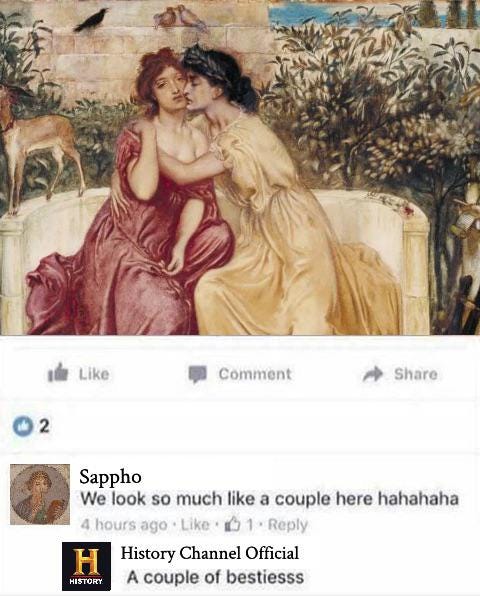 A painting of two women hugging and looking intimate. A comment below from History Channel calling them roommate. Meme: Historians would say they were roommates : r/FireEmblemHeroes