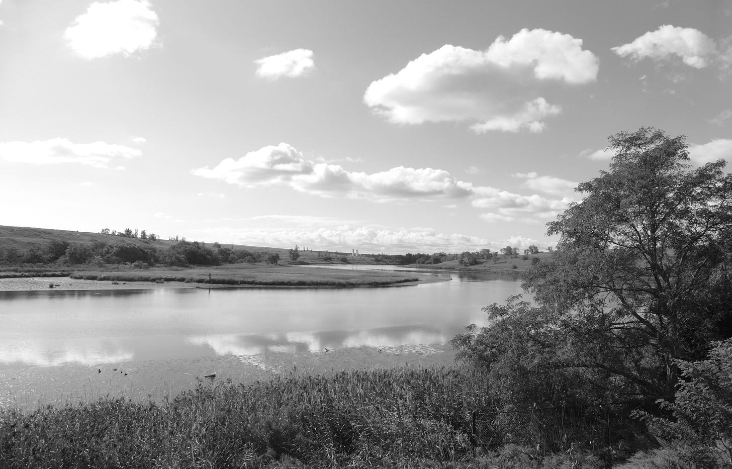 Black and white photo of Freshkills creek and West Mound under clouds