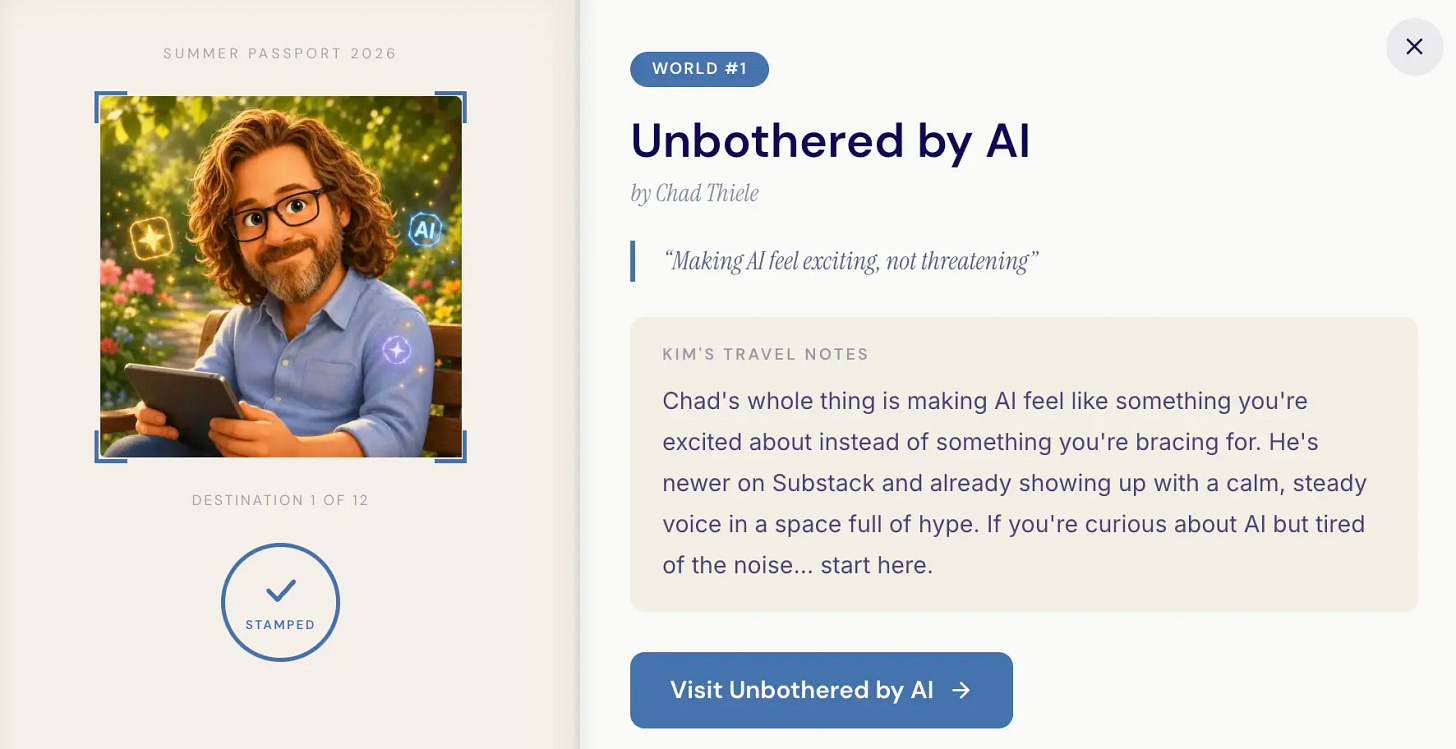  Summer Passport page for Chad Thiele's Unbothered by AI, showing Pixar-style character on a garden bench with a tablet and friendly AI sparkle icons, with Kim's travel notes about his calm approach to AI