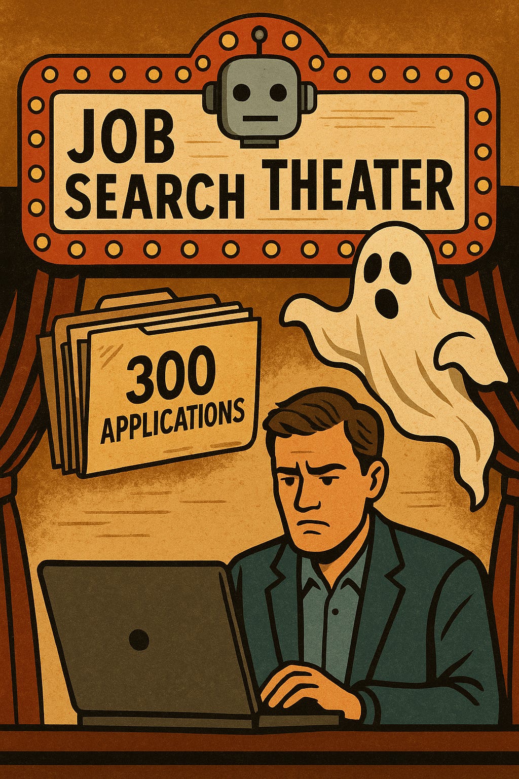 man searching for jobs on laptop with a ghost behind him