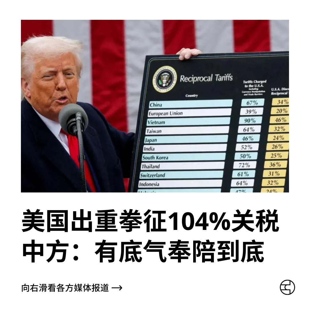 美国出重拳征104%关税中方：有底气奉陪到底- by 看鉴中国Outsight China - 看鉴中国每日新闻