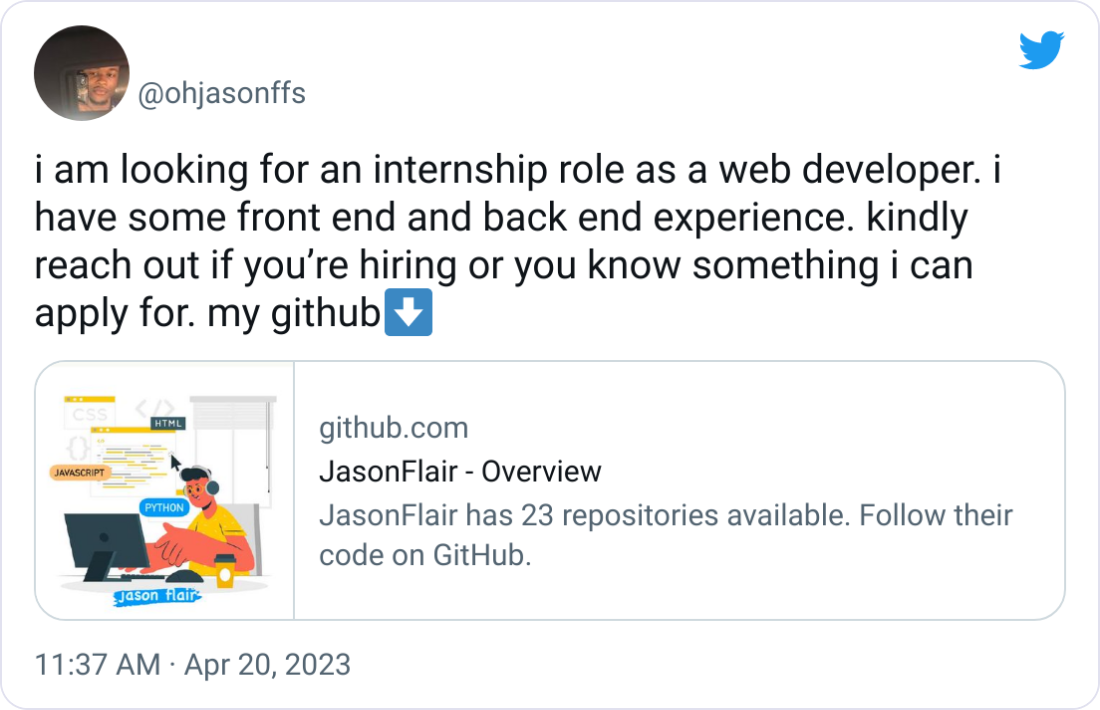 i am looking for an internship role as a web developer. i have some front end and back end experience. kindly reach out if you’re hiring or you know something i can apply for. my github⬇️ i am looking for an internship role as a web developer. i have some front end and back end experience. kindly reach out if you’re hiring or you know something i can apply for. my github⬇️