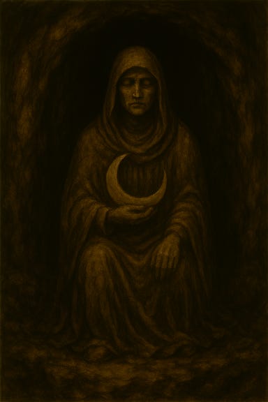 A dark fantasy image of an idol of Mother Night deep within a cave. The idol is carved from obsidian stone, depicting a robed feminine figure with a veiled face and outstretched hands. Her posture is solemn and protective, with flowing robes etched in moon and star motifs. The cave is dimly lit by scattered candles and bioluminescent moss, casting soft blue and amber light across the idol. The stone walls are rough and ancient, with faded symbols and offerings placed at the base — feathers, bones, and small carved moons. The atmosphere is reverent, mystical, and quiet.