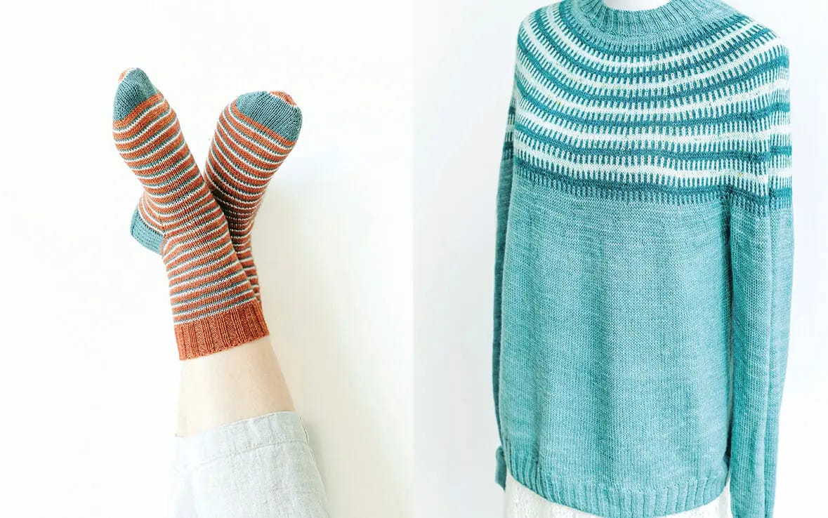 on the right, two feet wearing colorful striped socks; on the right, a turquoise hand-knit sweater with a colorwork yoke is worn by a mannequin.