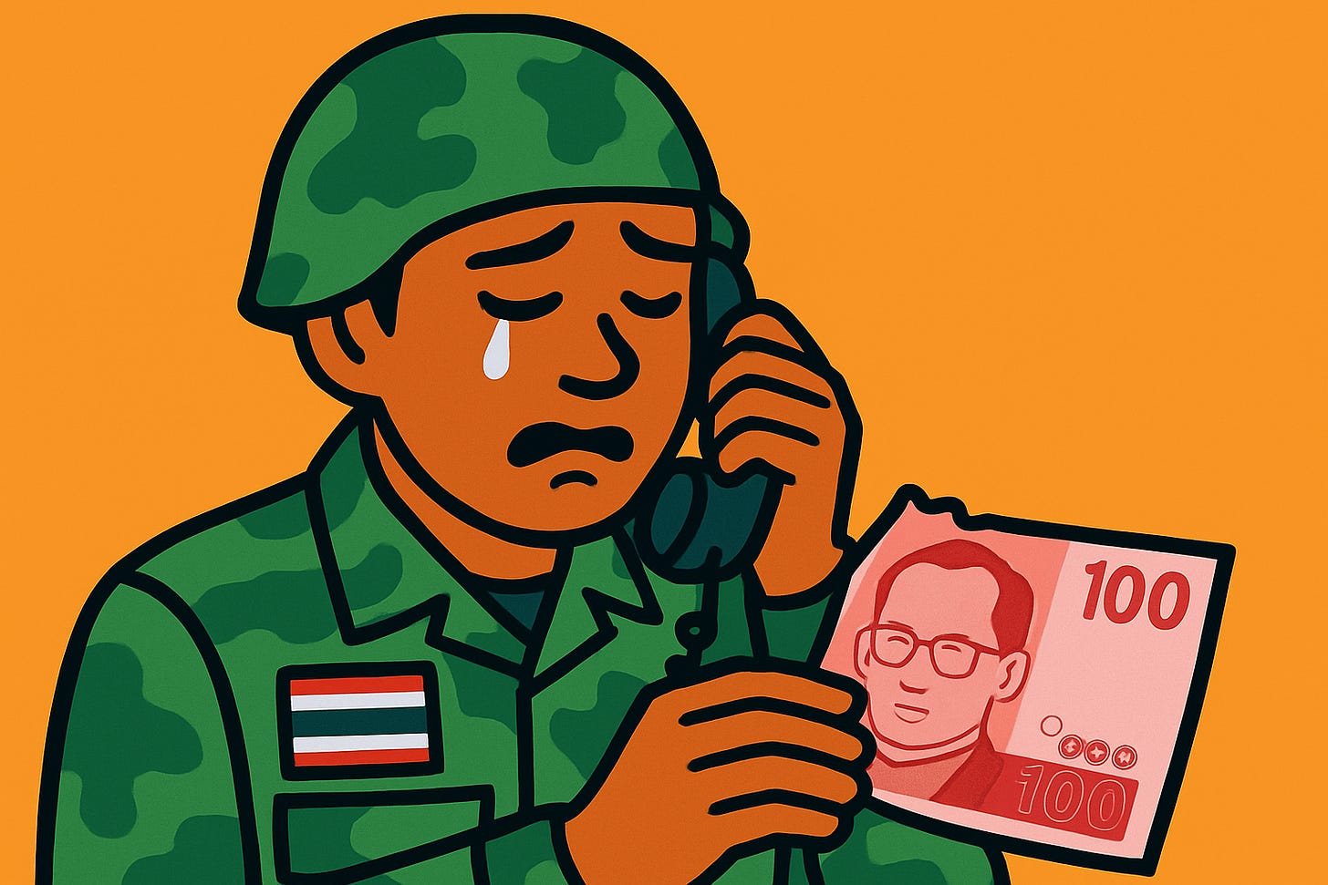 Landscape vector: Thai soldier on the phone, tearing up, holding 100 baht, missing his mom, vibrant flat style.