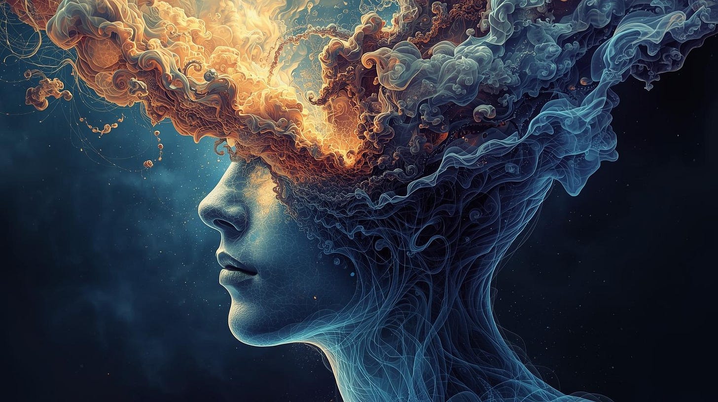 A painterly, layered brain illustration with subtle glowing regions highlighting tension points, symbolizing internal conflict