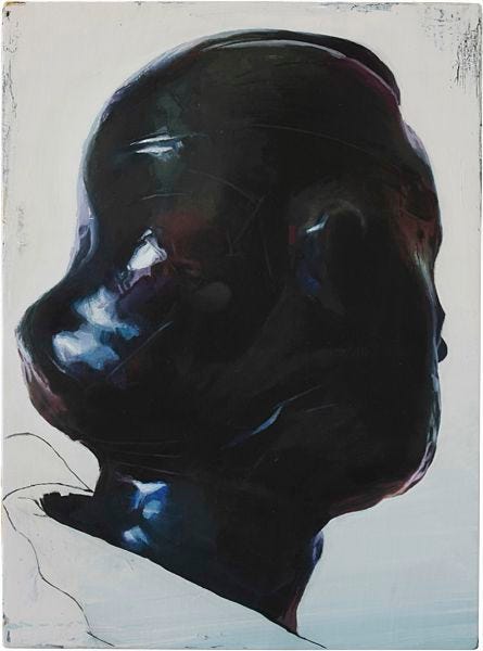 Abstract mixed-media portrait: a fragmented face rendered in soft greys, graphite lines and faint red marks. The image reflects the duality of character and the mental state of an artist who imagines a world and simultaneously dismantles it.