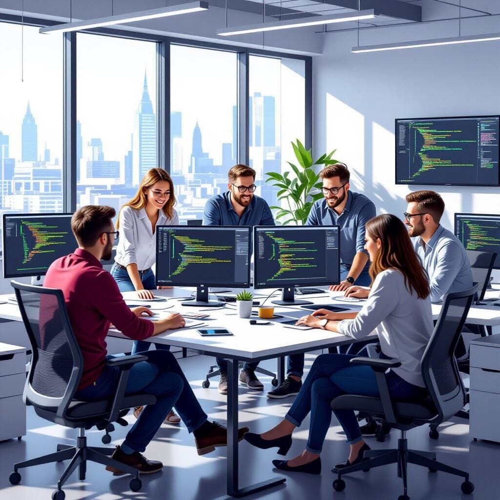 A Truly Cross-Platform Programmig Language. A Spectacular, Beautiful Image of  a mixed gender team of Developers, photor...