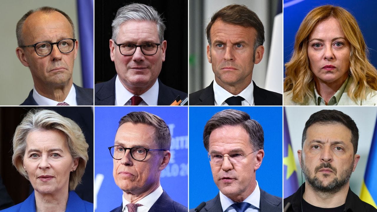 Top row from left: Germany Chancellor Friedrich Merz, British Prime Minister Keir Starmer, French President Emmanuel Macron and Italian Prime Minister Giorgia Meloni. Bottom row from left: European Commission President Ursula von der Leyen, Finland President Alexander Stubb, NATO Secretary General Mark Rutte and Ukrainian President Volodymyr Zelensky.