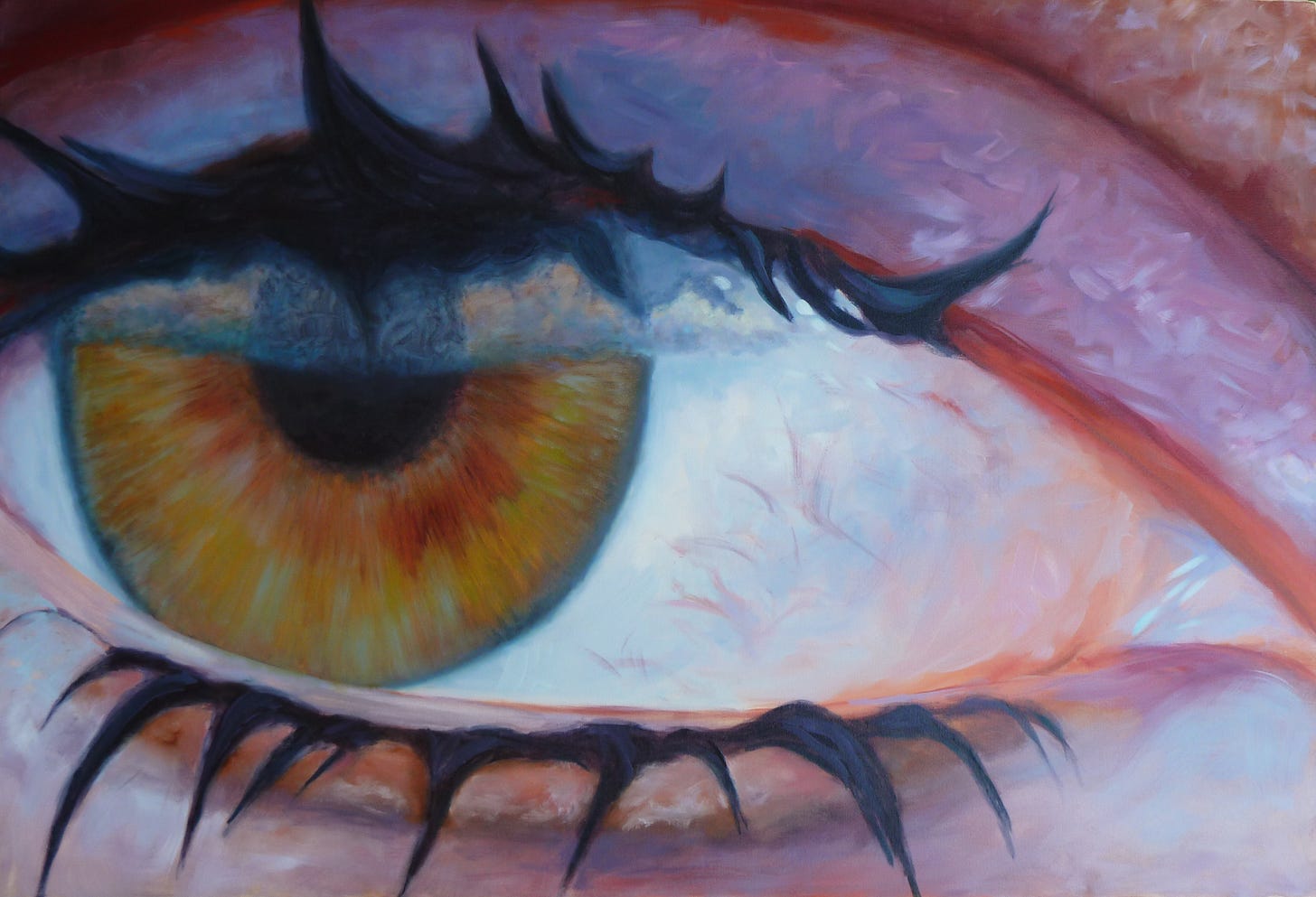 An oil painting of an eye that fills the entire canvas. There are clouds reflected on it's surface. 2013©Jennifer Cerutti