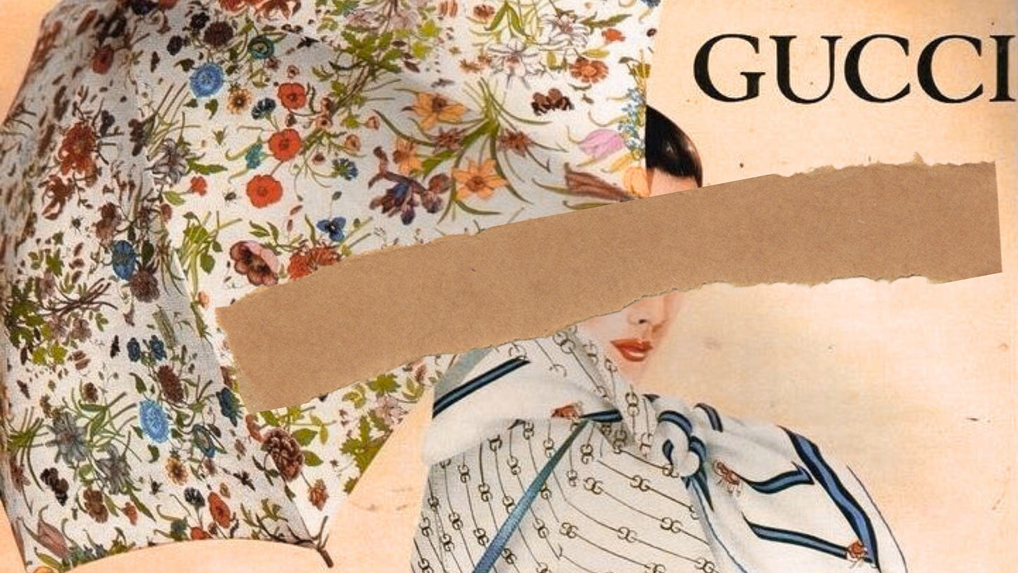 Vintage-inspired collage featuring floral fabric and a partially obscured Gucci ad, with a torn paper strip covering the model’s eyes—evoking themes of luxury, anonymity, and subversion.