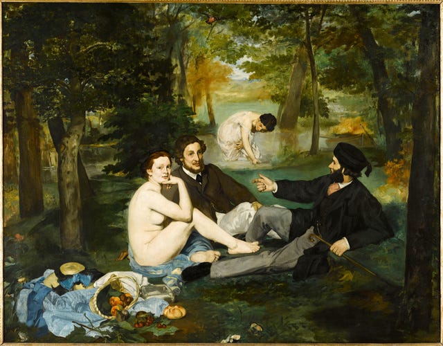 Painting with a naked woman in the foreground, 2 men, and someone in the background. The ground appears to be lawn and they are in the midst of a forest Painting with a naked woman in the foreground, 2 men, and someone in the background. The ground appears to be lawn and they are in the midst of a forest