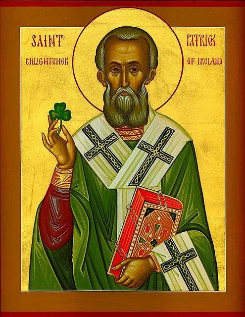 This may contain: an icon of st patrick the irish holding a shamrock