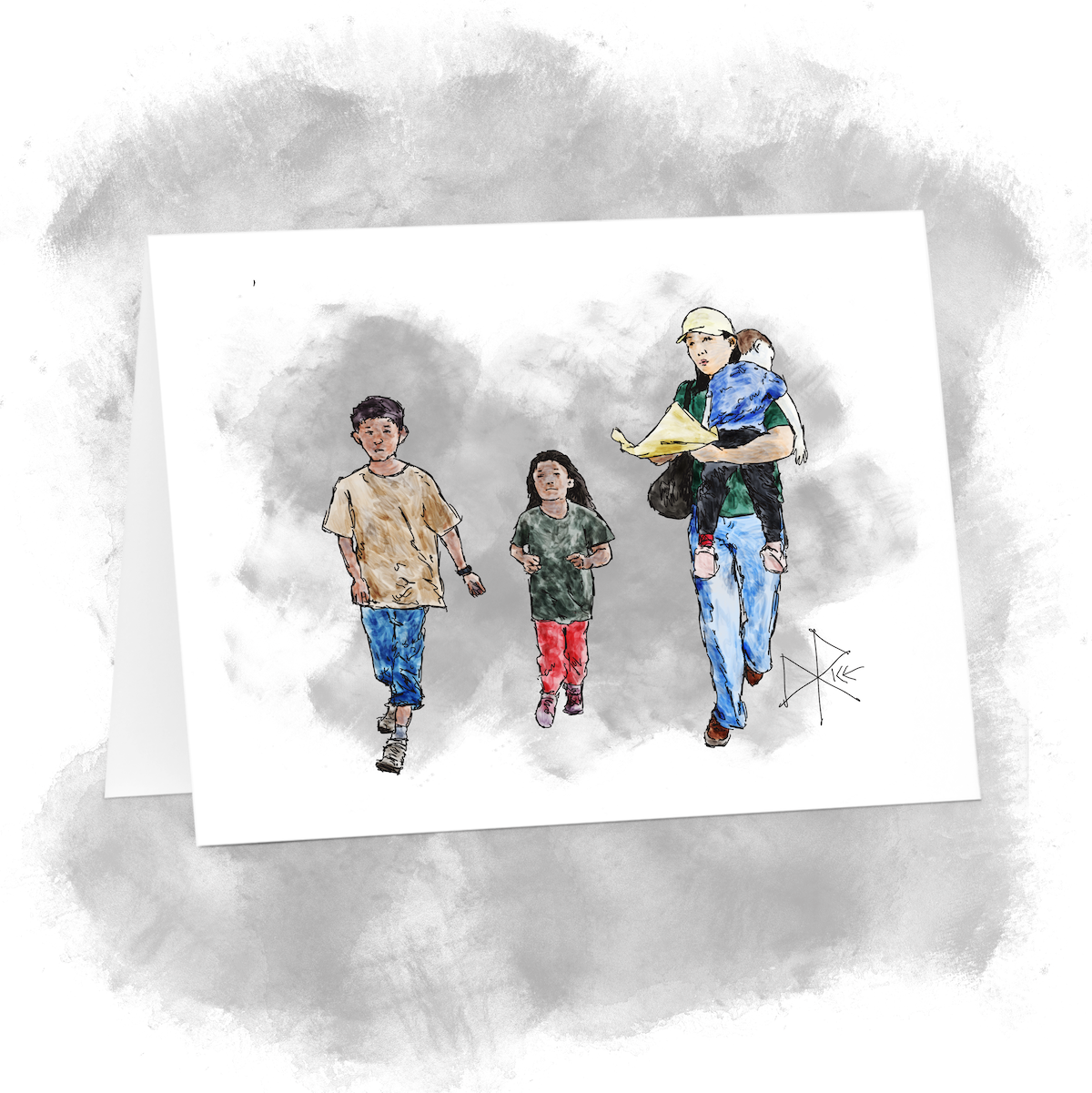 A woman carries a sleepy young child across her shoulder as she holds some parchment paper wrapped food with her other hand. Her two older kids excitedly parade around beside her. Sketch art by Don Rice.