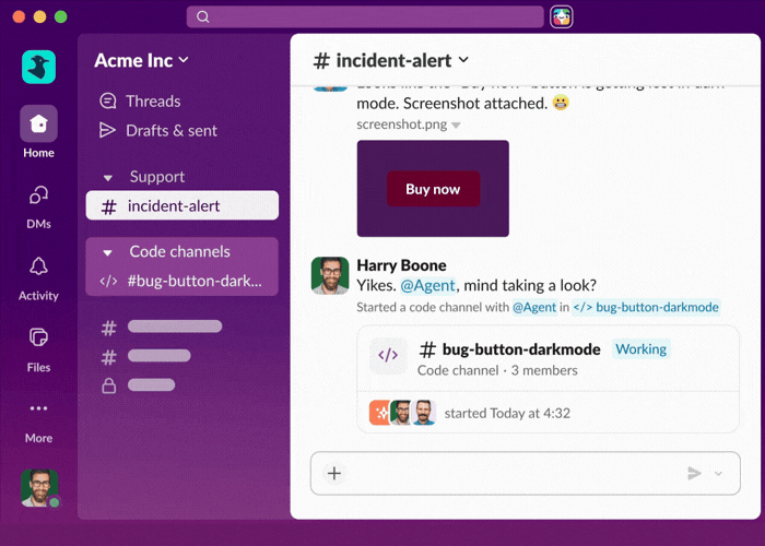 A GIF demonstrating how to activate Slack Code channels. A GIF demonstrating how to activate Slack Code channels.