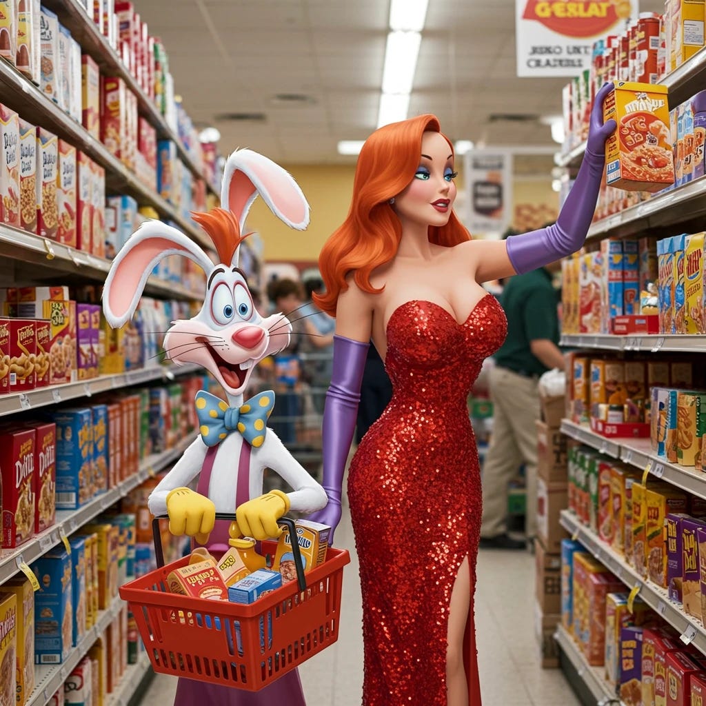 Roger Rabbit and Jessica Rabbit shopping at the grocery store