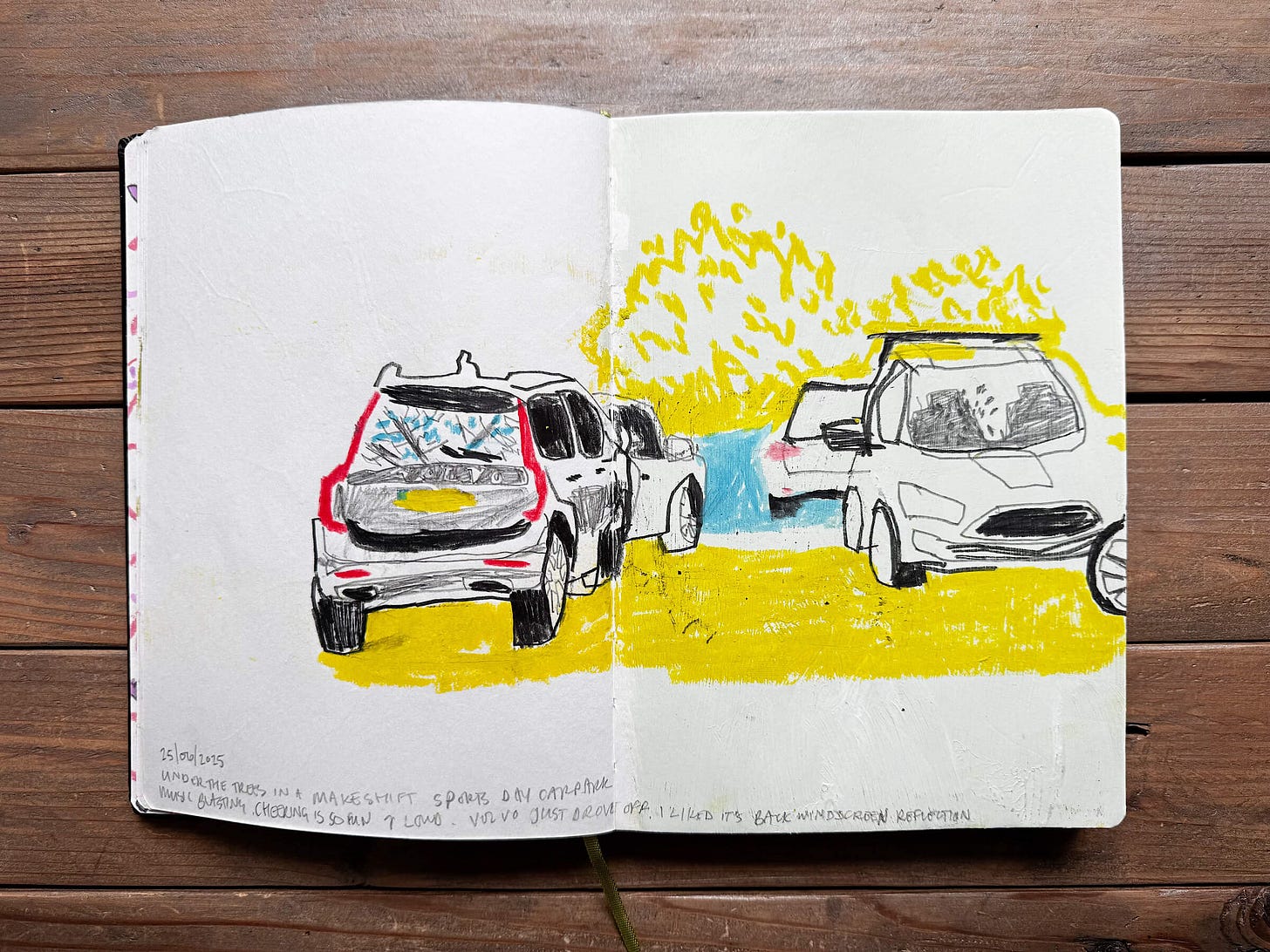 Moleskine Sketchbook, A5, pencil and wax pastel drawing of a Volvo SUV and other cars parked in a field