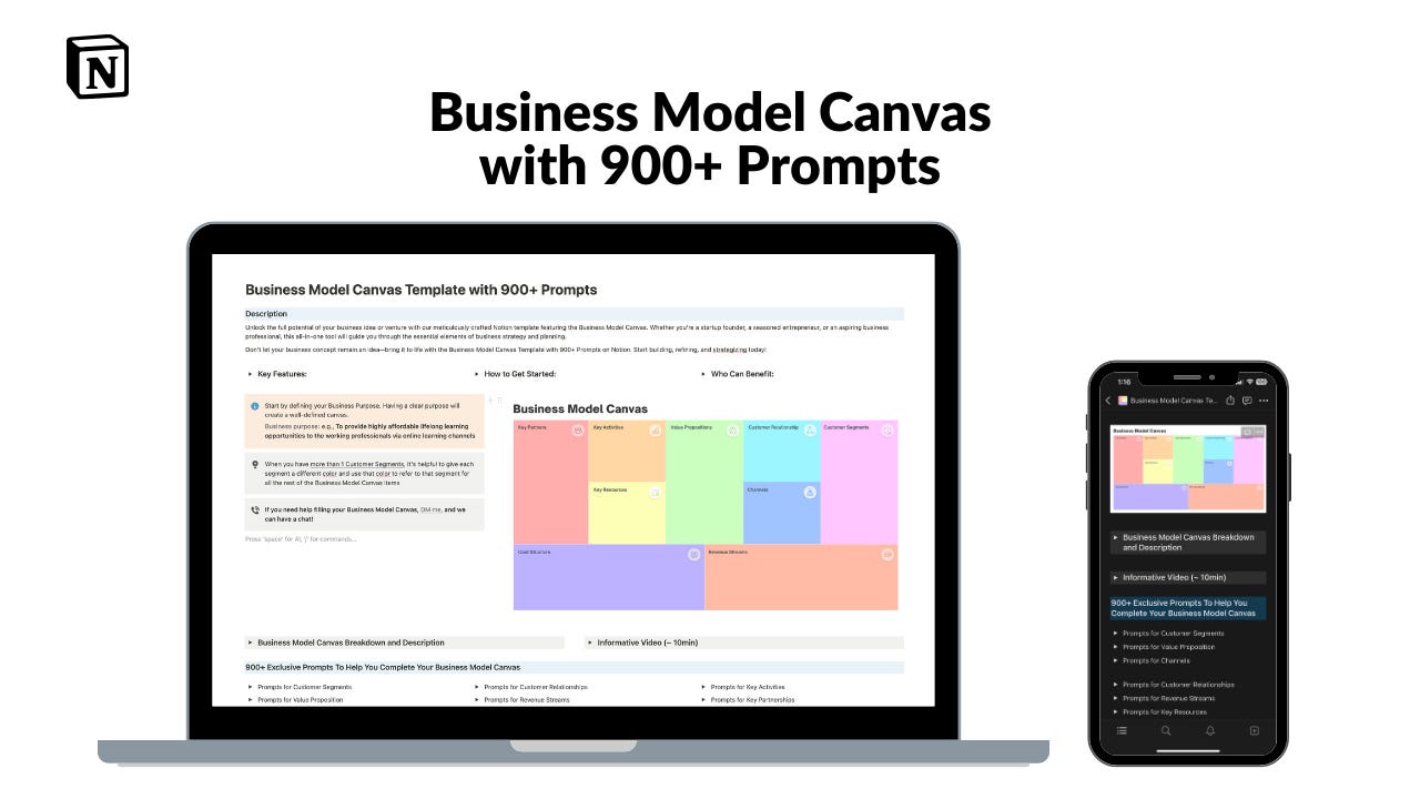 Business Model Canvas Notion Template with 900+ Prompts