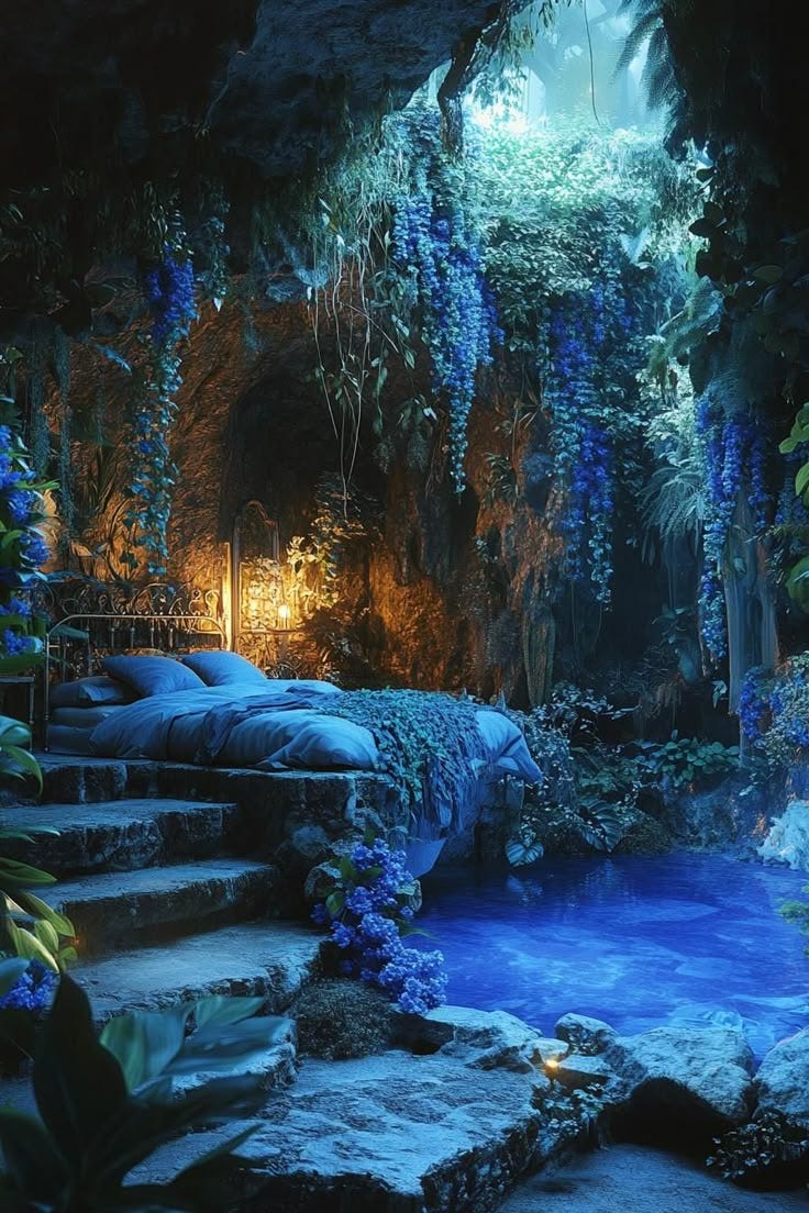 This may contain: an outdoor swimming pool surrounded by plants and rocks, with lights on the water's edge