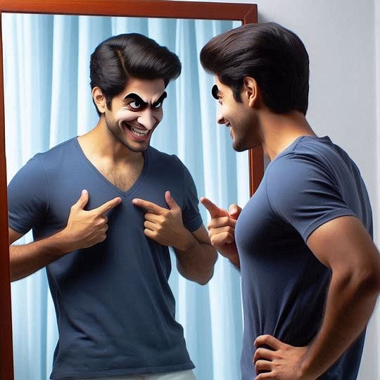 a man pointing at his reflection in a mirror but the reflection has hands on hips and an evil smirk on his face. Image 2 of 3