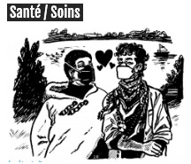 Illustration en noir et blanc de deux personnes masquées avec des coeurs entre elles, devant un paysage avec un fleuve et des arbres