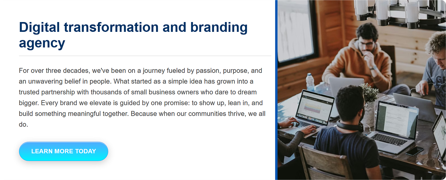 An example of really bad website copy, cringe attempt at business storytelling.