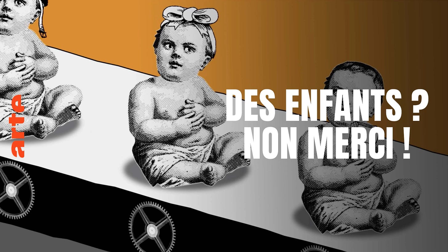 Screen de l'écran titre du documentaire Arte, avec le titre "Des enfants ? Non merci!"