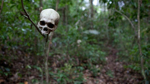 A human skull serves as a warning to travelers in the Gap.