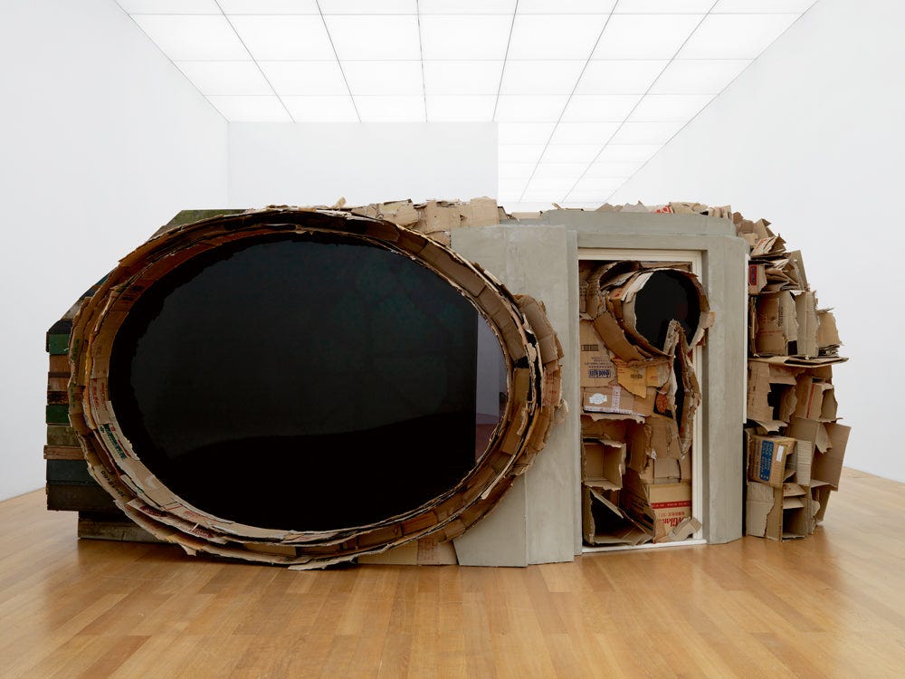 Rob Voerman, Tarnung #3, 2009, glass, Plexi-glass, wood, cardboard, a.o.m., Courtesy of Upstream Gallery. Installation view of “Modernisn as a Ruin,” at the Kunstmuseum Liechtenstein.