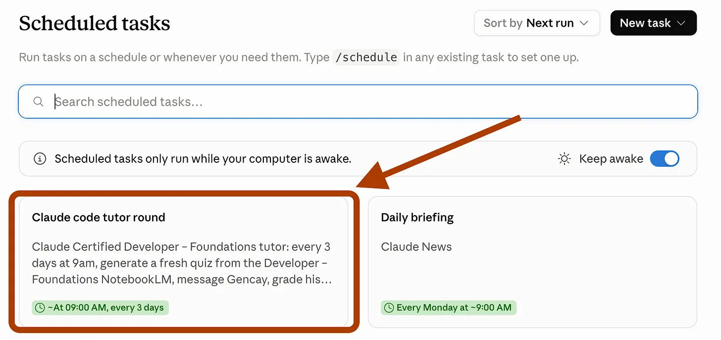 Claude Scheduled tasks screen with the Claude code tutor round card highlighted, set to run at 9 AM every 3 days, next to a Daily briefing task Claude Scheduled tasks screen with the Claude code tutor round card highlighted, set to run at 9 AM every 3 days, next to a Daily briefing task