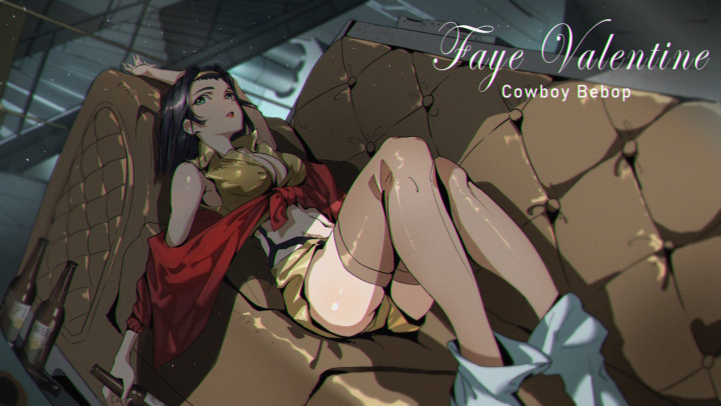 Anime 3840x2160 character design  fan art digital digital art illustration black hair anime Cowboy Bebop Faye Valentine lying down bent legs thighs cleavage